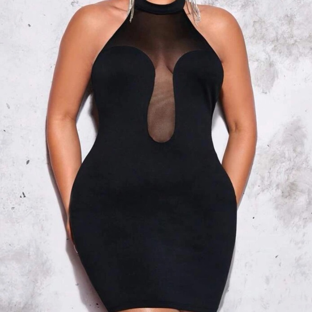 3/$28❤️ Shein Bae Plus Contrast Mesh Halter Neck BODYCON Dress size 1XL (14)